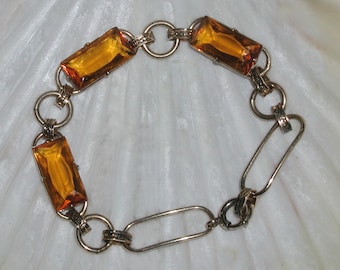 Superb Vintage Art Nouveau Arts & Crafts 3 Prong-Set Emerald-Cut Faceted Golden Topaz Rectangular Stone Gold Filled Link Bracelet