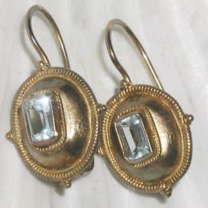 Stunning Vintage Gold Over 925 Sterling Silver Faceted Emerald-Cut Aquamarine Art Nouveau Pierced Dangle Leverback Earrings