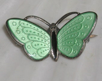 Beautiful Vintage Signed Askel Holmsen Made in Norway Green Guilloche Enamel Butterfly Brooch Pin