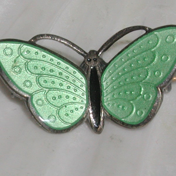 Beautiful Vintage Signed Askel Holmsen Made in Norway Green Guilloche Enamel Butterfly Brooch Pin