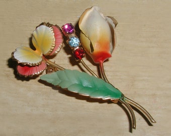 Large Colorful Vintage Austria Enamel & Austrian Crystal Tulip Rose Flower Vibrant Antique Brass Brooch Pin