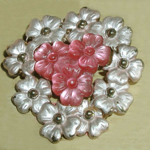 Vintage Antique Edwardian Art Nouveau Revival Floral White Enamel with Carved Pink Plastic Flower Center Brooch Pin