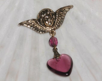 Darling Vintage Nouveau Brass Repousse Winged Angel Cupid Cherub Glass Purple Heart Beaded Dangle Brooch Pin