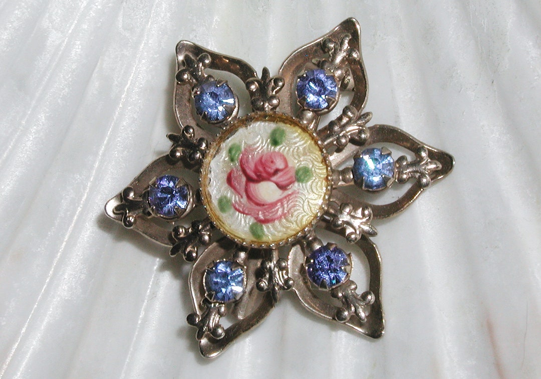 Vintage 50's Guilloche Enamel Hand Painted Rose Fleur De Lis Blue ...