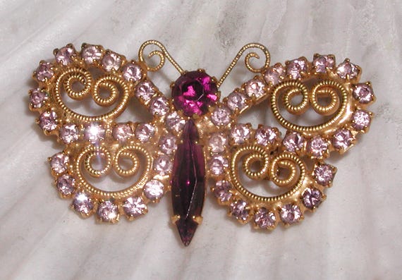 Brilliant Vintage Czech Glass Purple Pink Rhinestone Butterfly