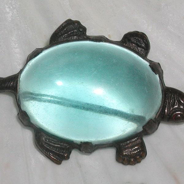 Fabulous Large Vintage 1940's Prong-Set Blue Topaz Aqua Blue Jelly Belly Lucite Cabochon Antique Bronze Turtle Older C-Clasp Brooch Pin