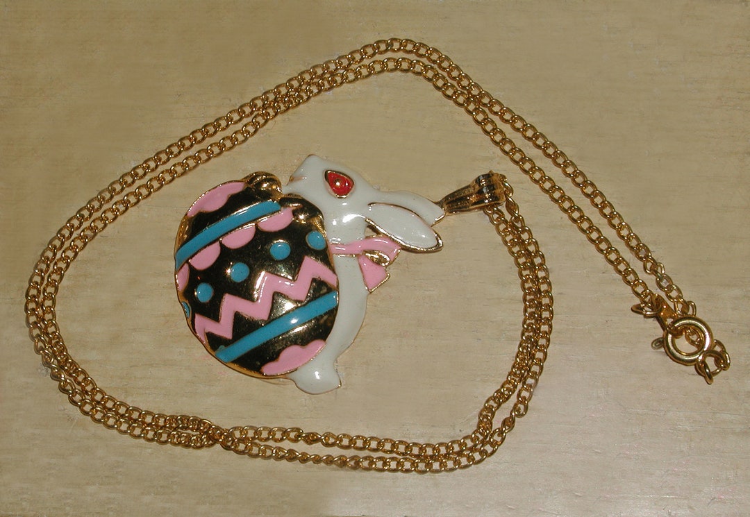 Vintage Colorful Enamel Easter Bunny Easter Egg White Rabbit Signed ...