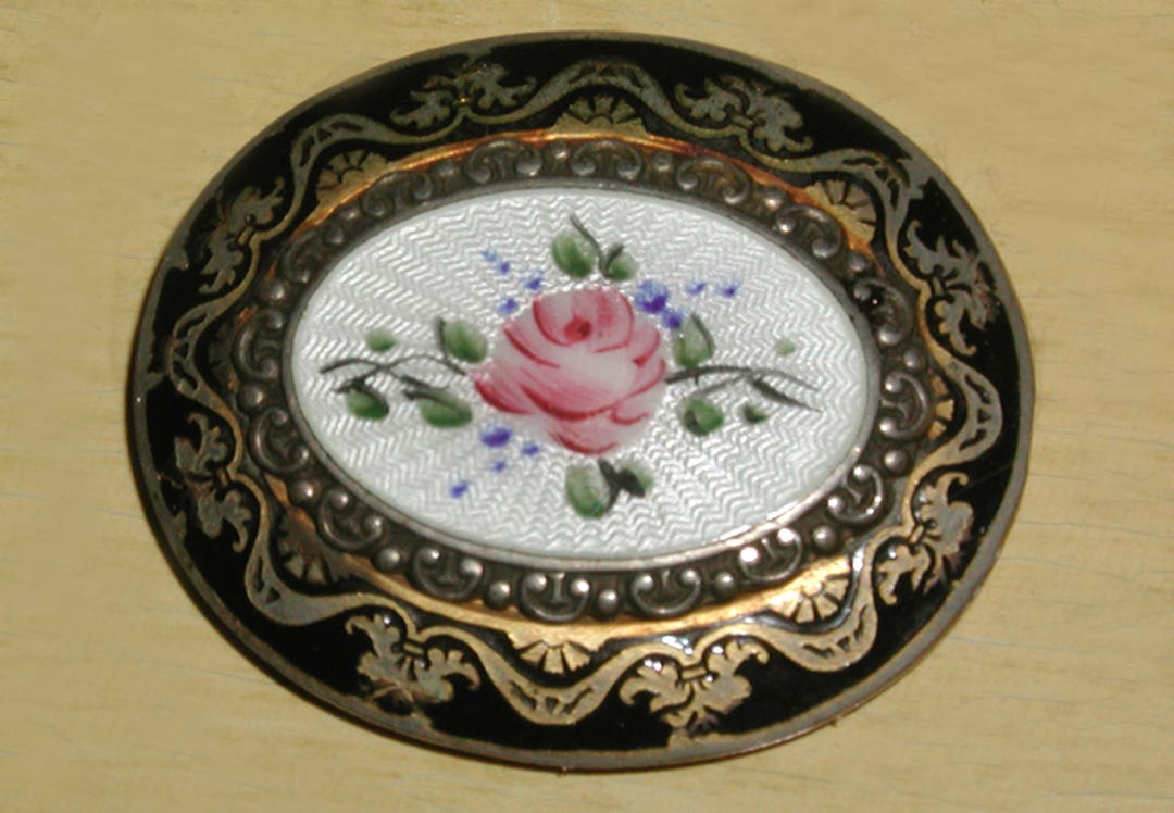 Beautiful Vintage French Guilloche Enamel Hand Painted Pink Rose Black ...