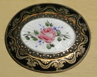 Beautiful Vintage French Guilloche Enamel Hand Painted Pink Rose Black & Gold Ornate Border Brooch Pin