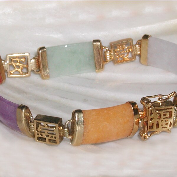 Colorful Vintage Chinese Export Gold Vermeil Asian Character 6 Panel Multi Color Jade Gemstone Link Bracelet