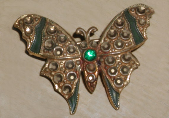 Wonderful Vintage Art Deco Green Enamel Marcasite… - image 3