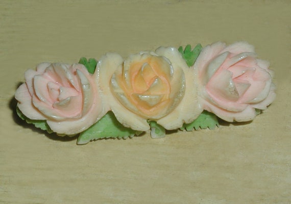 Superb Vintage Carved Celluloid Pink & Yellow Rose Soft  display picture 1