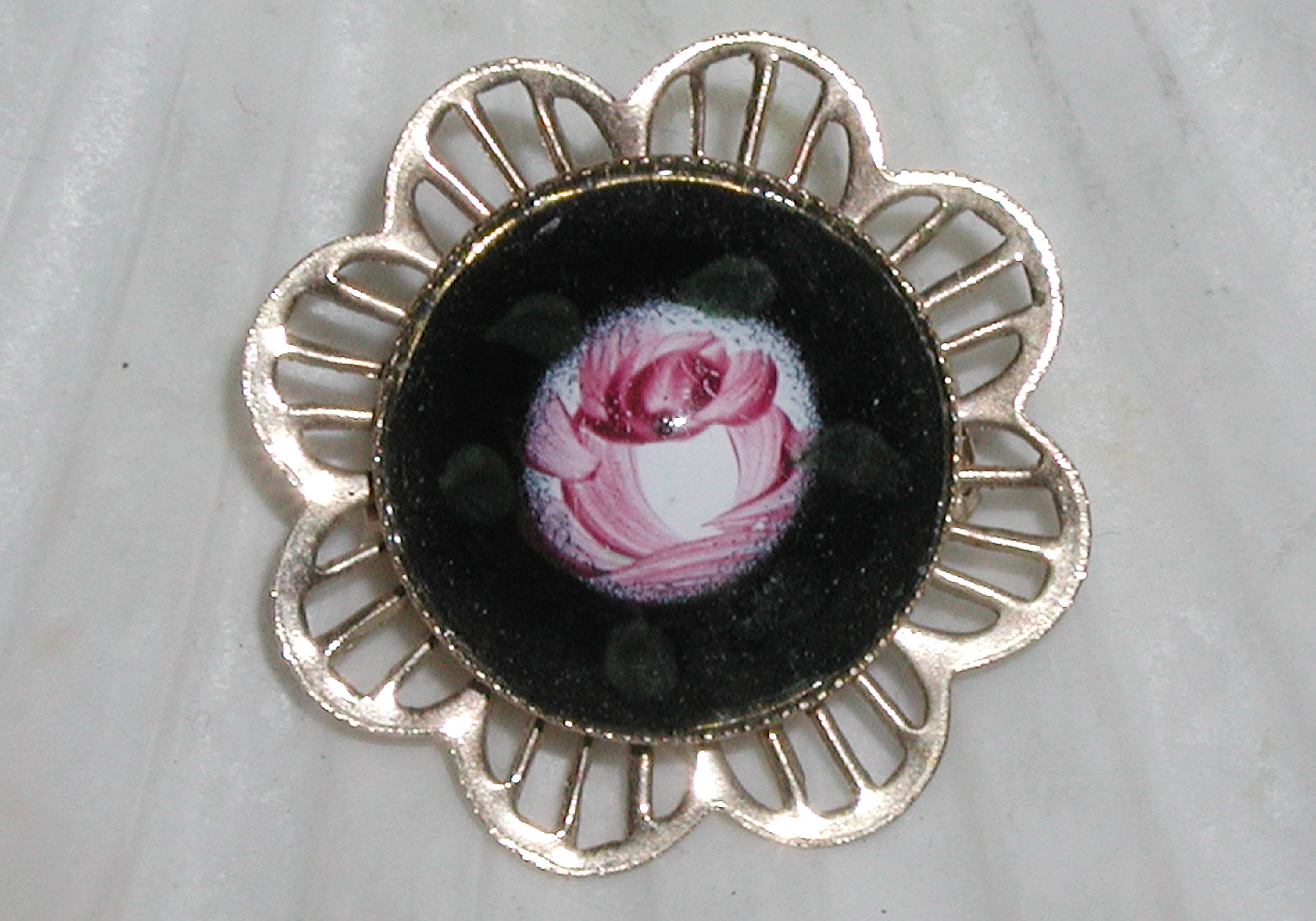 Sweet Vintage Guilloche Hand Painted Pink Rose Black Enamel Lacey Gold ...