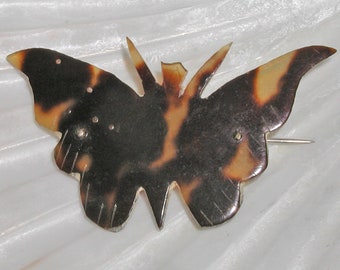 Vintage Antique 1930's Art Deco Hand Carved Horn Tortoise Shell Pattern Butterfly Riveted C-Clasp Brooch Pin