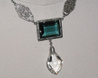 Fabulous Vintage 1930's Art Deco Faceted Emerald-Cut Teal Blue Green Crystal Drop Filigree Necklace Rhodium Plated Paperclip Chain Necklace