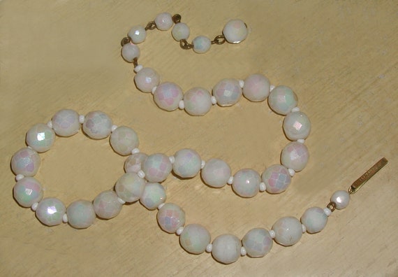 Antique opalescent milk glass beaded necklace with aquamarine faceted spacers