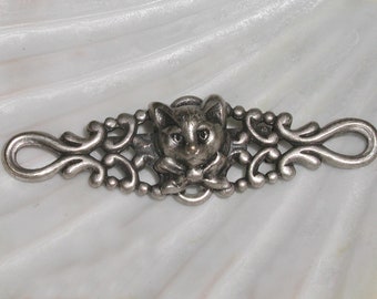 Adorable 3D Vintage Victorian Revival Oxidized Silver Tone Etruscan Cat Feline Face Scrolls Intricate Bar Brooch Pin