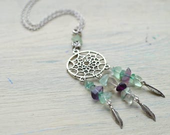 Fluorite Dream catcher necklace, Quartz necklace, Gemstone necklace / Necklace, Pendant, Charm Boho necklace / Gypsy Hippie Festival jewelry