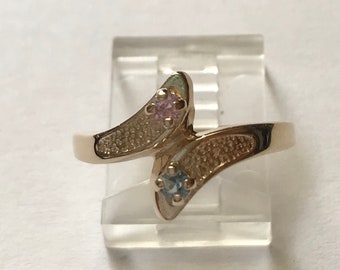Vintage 14k Yellow Gold Pink and Blue Topaz Bypass Ring size 7.5