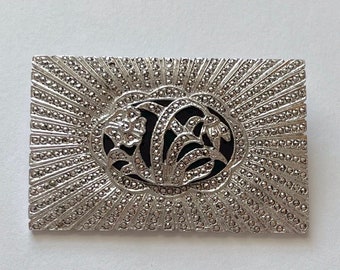 Vintage Art Deco Sterling Silver Onyx and Marcasite Pin Brooch