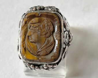 Edwardian Sterling Silver Tiger Eye Cameo Ring size 6