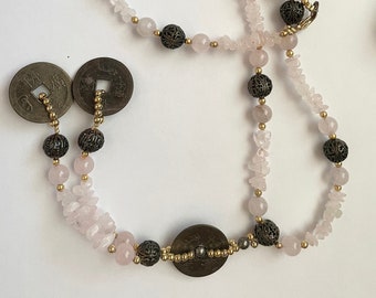 Vintage Rose Quartz Bead Chinese Coin Necklace