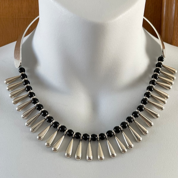 Vintage Sterling Silver and Onyx Taxco Mexico Cleopatra Style Necklace