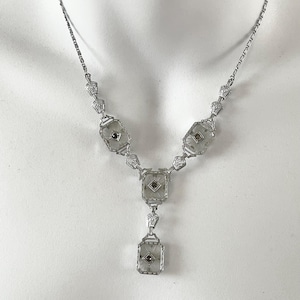 Art Deco Rhodium Plate Camphor Glass Drop Necklace