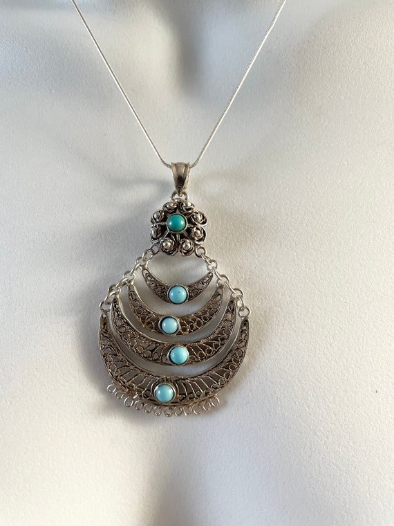 Vintage Sterling Silver Turquoise Filigree Neckla… - image 1