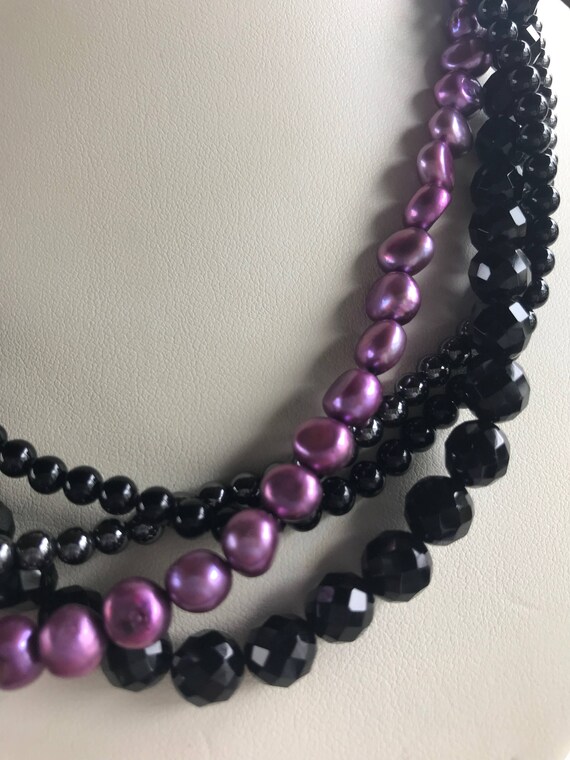 Vintage Purple Pearl and Onyx Bead Multi Strand N… - image 3