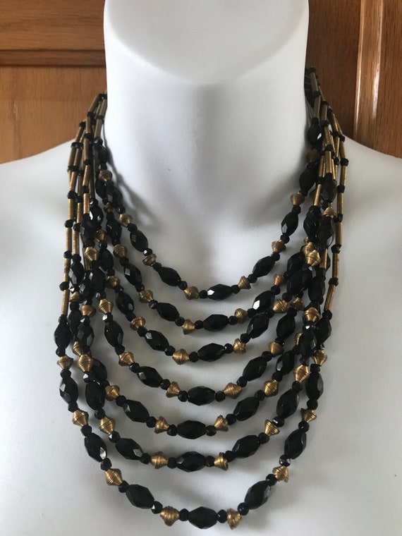 Long Pure Brass & Black Multi Strand Necklace - OMishka