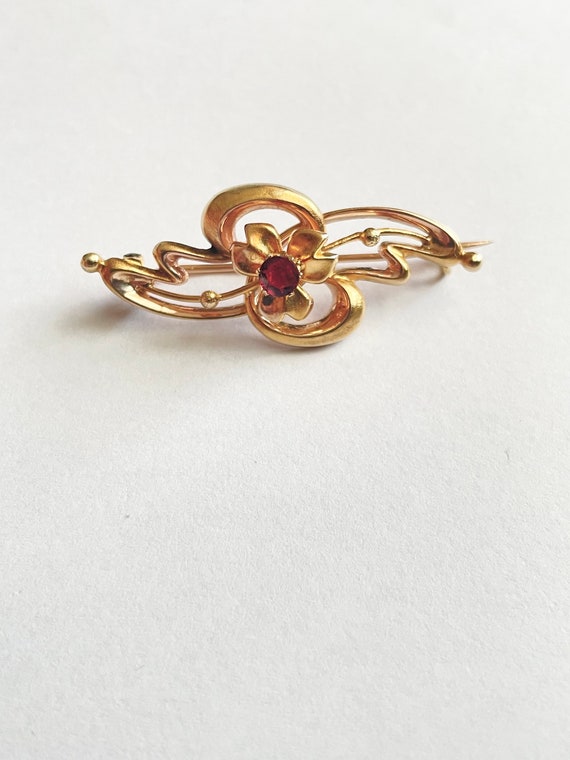 Art Nouveau 14k Gold Garnet Pin Brooch - image 6