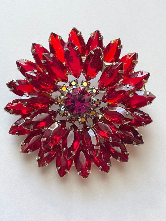 Vintage Large Red Rhinestone Flower Pin Brooch