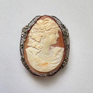 Spilla con cammeo intagliata in argento sterling edoardiano antico
