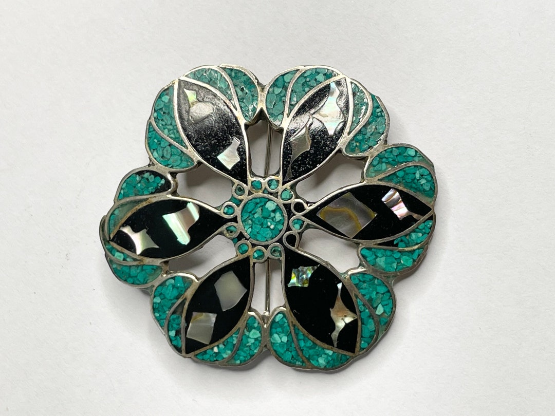 Vintage Turquoise Aplaca Mexico Flower Pin Pendant - Etsy