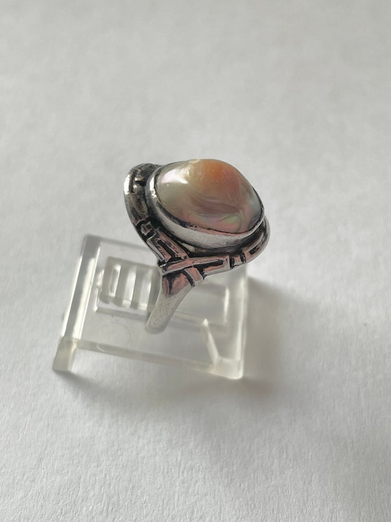 Art Deco Sterling Silver Blister Pearl Ring Size … - image 2