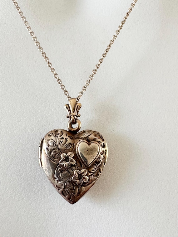 Art Deco Sterling Silver Heart Locket Pendant Nec… - image 1