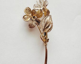 Broche Vintage Fleur En Argent Vermeil Avec Poinçons - Bijou Ancien Filigrane