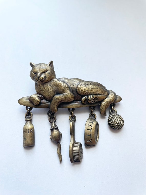 Vintage JJ Cat Pin with Dangling Charms