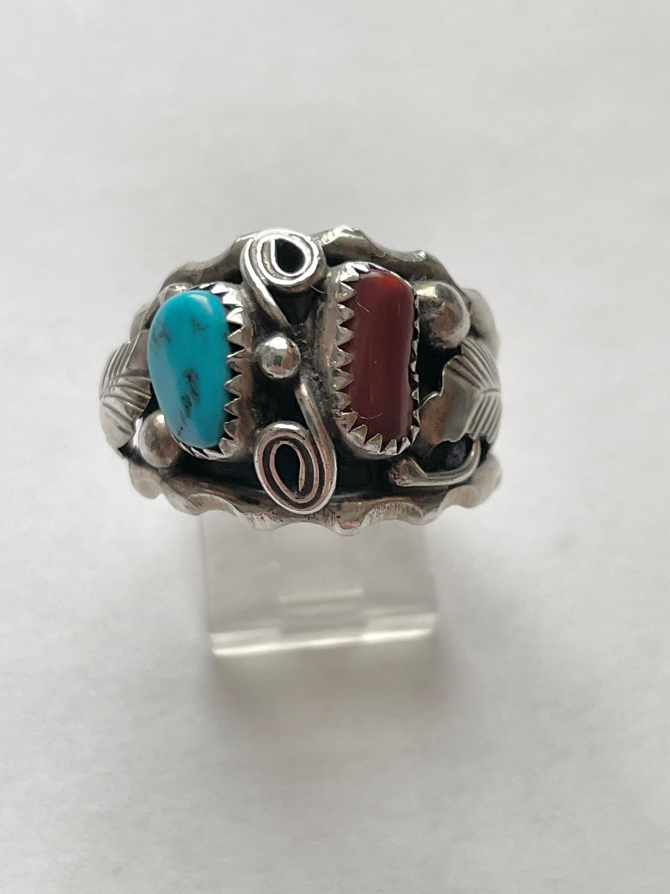 Vintage Max Calabaza Navajo Native American Turquoise Coral Ring