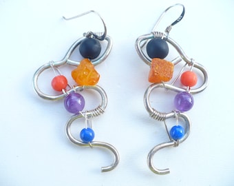 Vintage Sterling Silver Dangle Pierced Earrings With Semi Precious Stone Beads