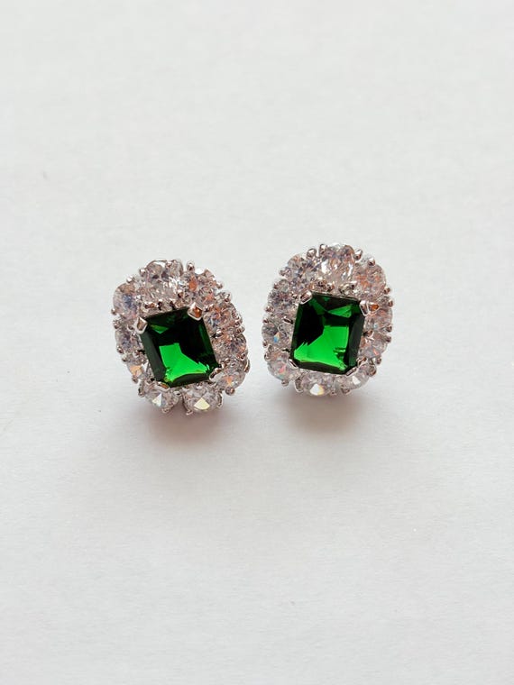Sterling Silver Emerald CZ Statement Stud Pierced… - image 4