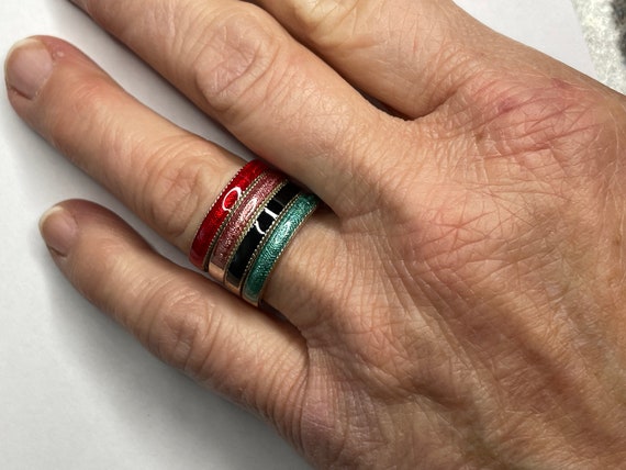 Vintage set of 4 Sterling Silver Enamel Stacking … - image 2