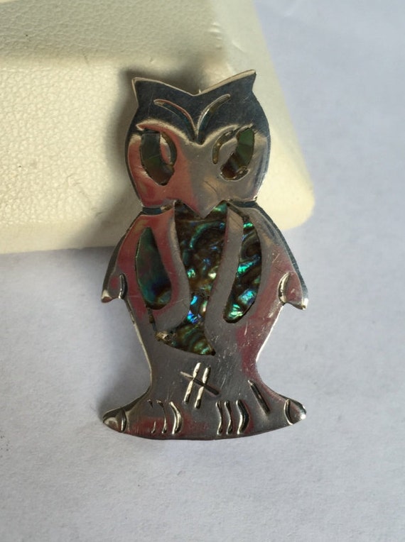 Vintage Sterling Silver Abalone Inlay Owl Pin MEX… - image 1