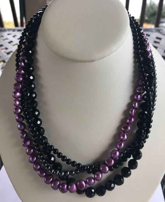 Vintage Purple Pearl and Onyx Bead Multi Strand N… - image 1