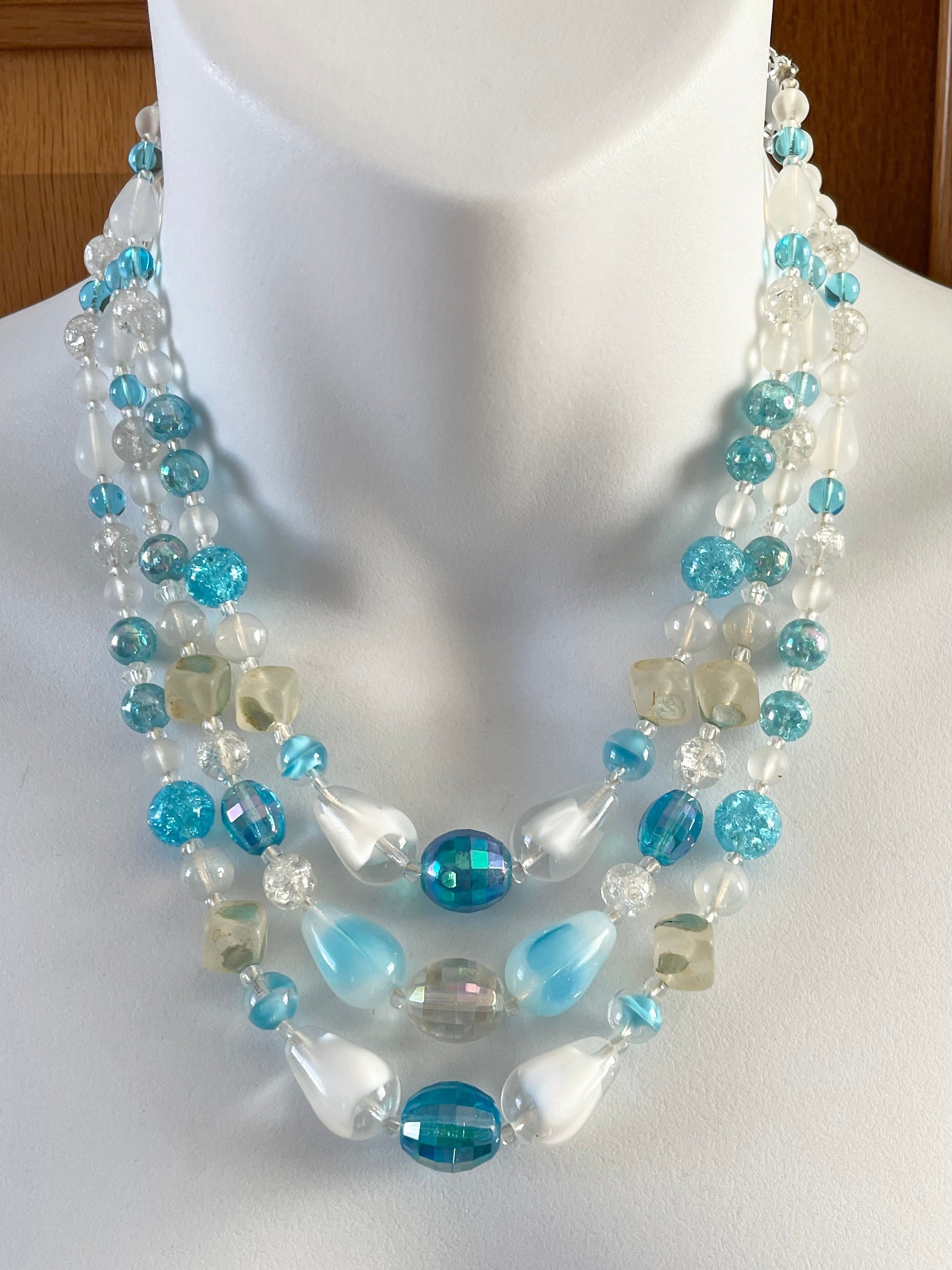 WEST GERMANY Blue Slag Glass Faux Pearl & Rhinestone