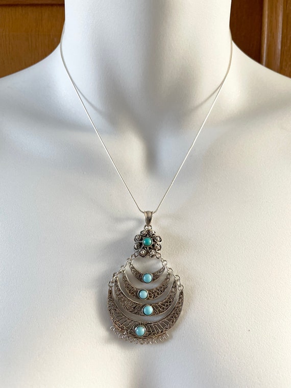 Vintage Sterling Silver Turquoise Filigree Neckla… - image 4