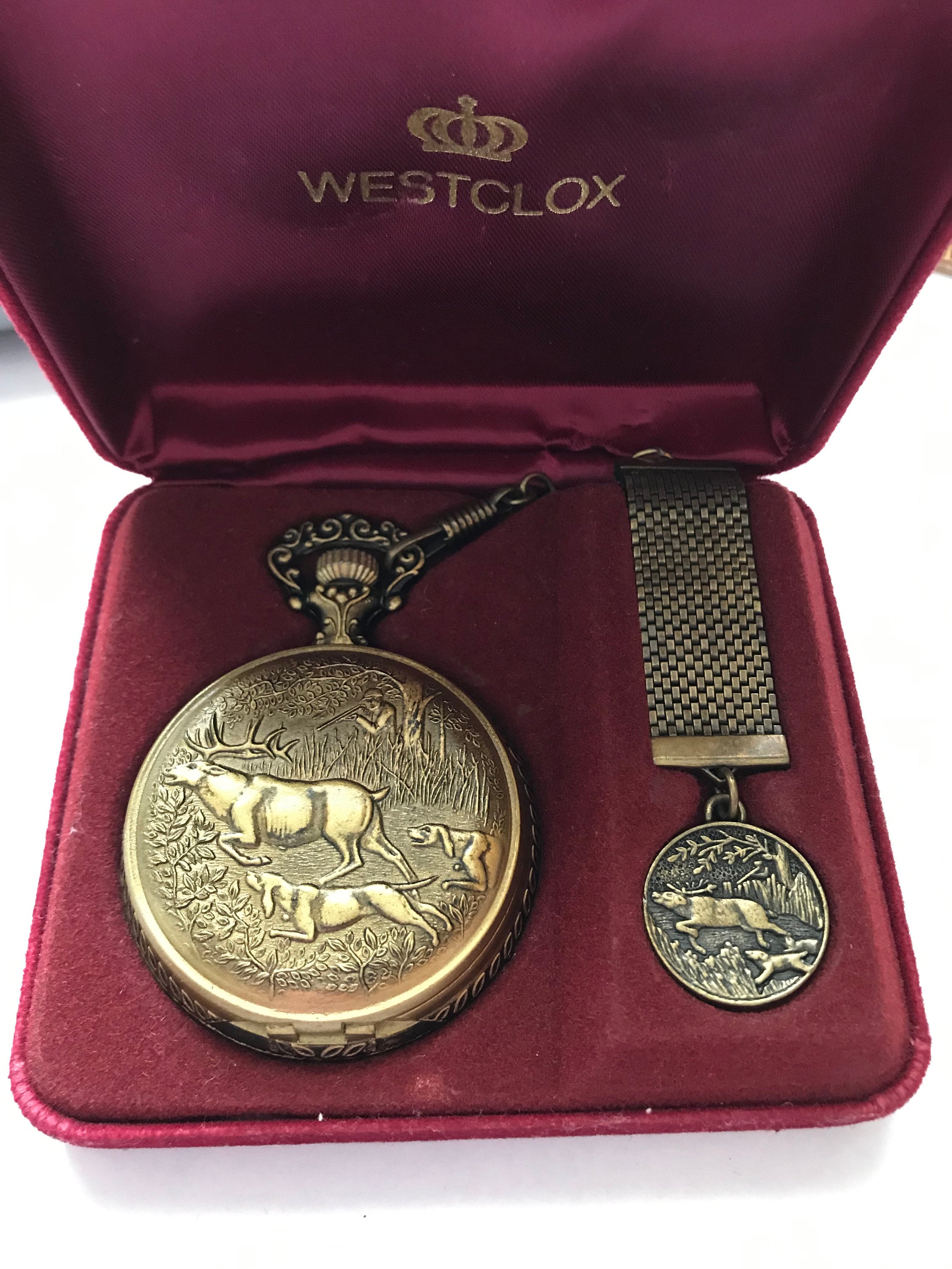 Westclox pocket clearance watch hunting scene