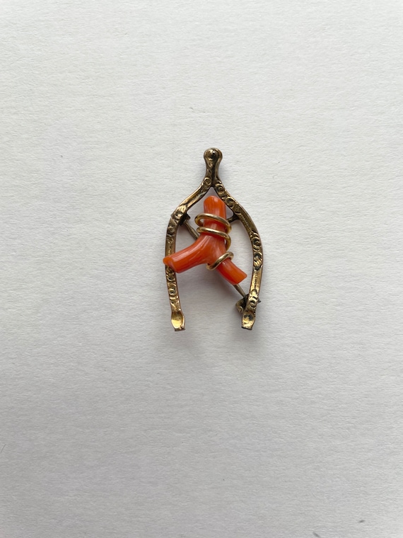 Victorian Gold Filled Coral Wishbone Pin Brooch