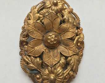 Vintage Art Deco  Large Brass Repousse Dress Clip